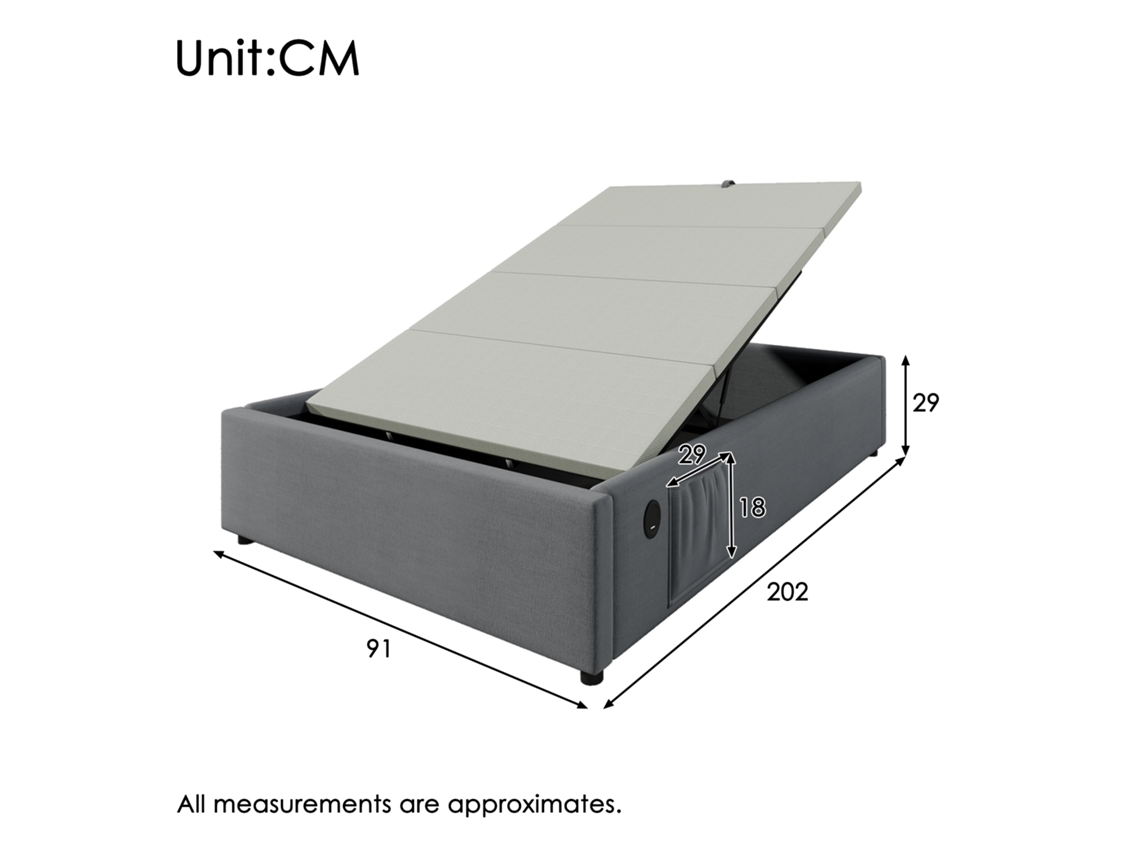 Cama De Solteiro Estofada 90×200 Cm, Estrutura Com Arrumação, Entrada Usb C E Estrado Completo De Ripas, Sem Cabeceira, Algodão, Cinza Mc Star