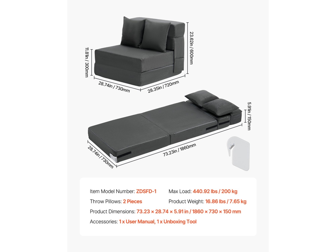 Vevor Sofá-cama Dobrável 3 Em 1 1860 X 730 X 150 Mm Com 2 Almofadas, Cinza Escuro