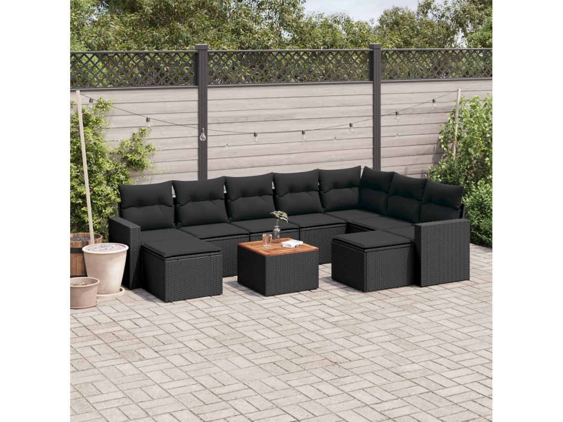 Conjunto 10 sofás de jardim c/ almofadões VIDAXL vime PE preto