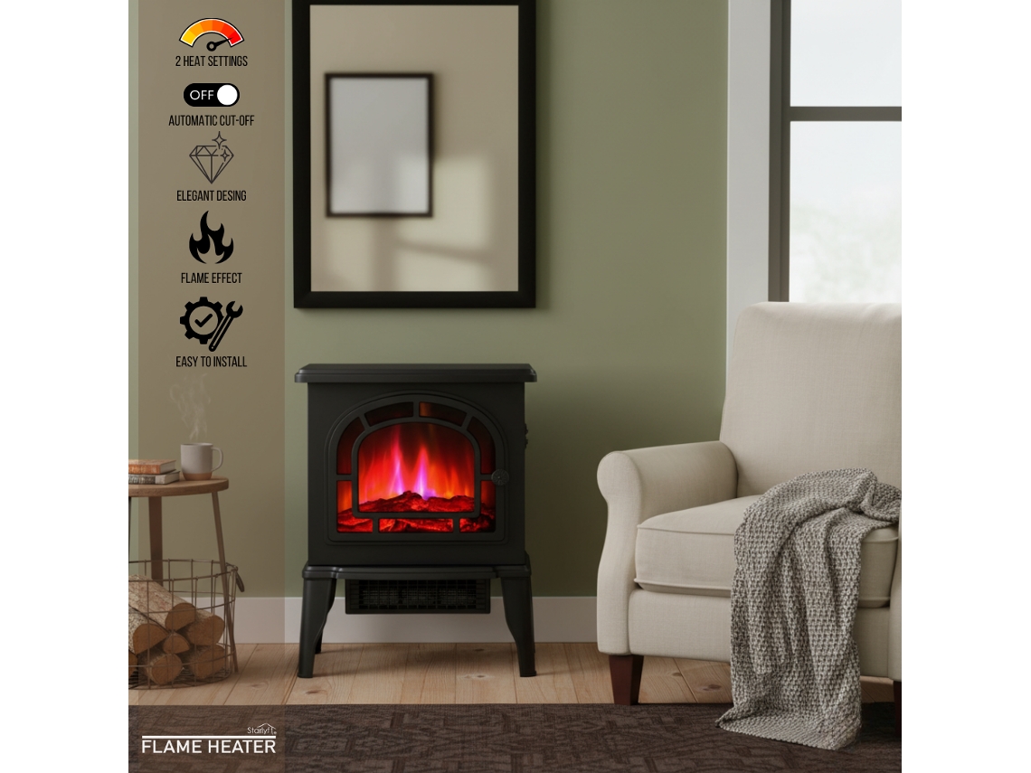 Flame Heater Lareira Aqucedor Elétrico Com Efeito De Chama, 2000 W, 2 Níveis De Potência, Cobertura Até 20 M2, Estilo Retro E Elegante Starlyf