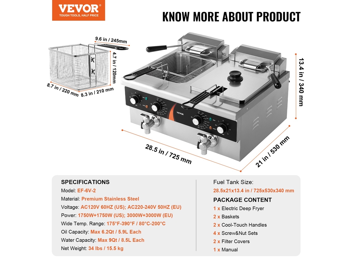 Fritadeira elétrica comercial Vevor com 2 cestos, 8,5 L, 62,5 x 54 x 48 cm, 80-200 °C