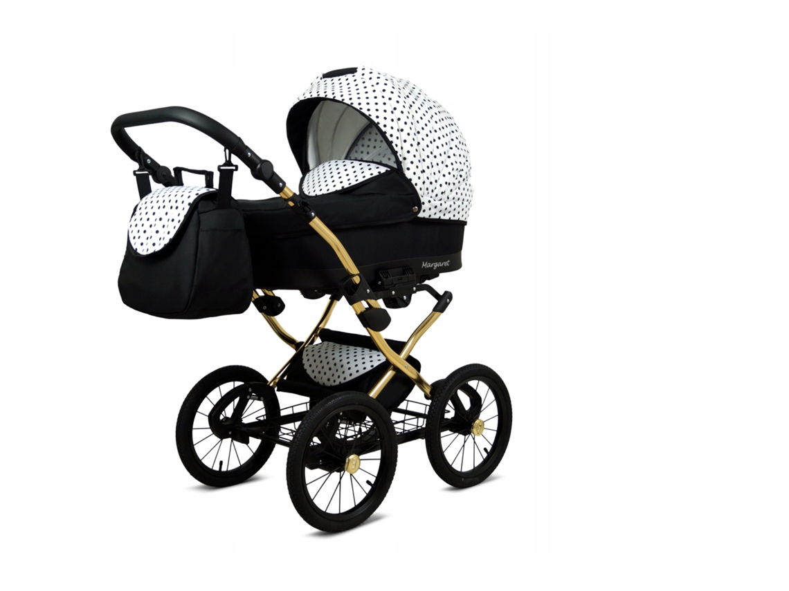 Carrinho de Bebé Multifuncional BABYLUX MARGARET GOLD 3 Em 1 -Black Dots - Ajustável e dobrável Construção leve em alumínio - Acessórios