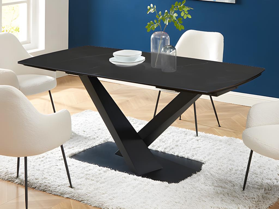 Mesa extensível de jantar para 6 a 10 pessoas de vidro temperado, cerâmica e metal com efeito mármore negro Malata de PASCAL MORABITO