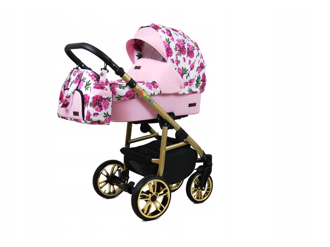 Carrinho de Bebé Multifuncional BABYLUX CLASSIC GOLD 4 Em 1 -Bouquets Peony On White GOLD FRAME - Ajustável e dobrável Construção leve em alumínio