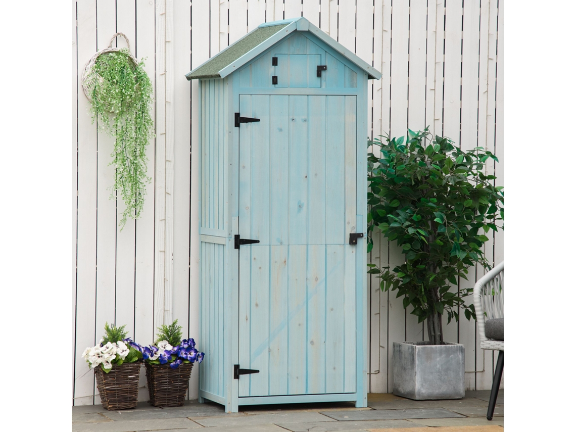 Armário De Jardim Com Armário Para Ferramentas, Prateleiras E Janelas, 77 X 54,2 X 179 Cm, Madeira Em Azul Claro E Verde, Telhado De Asfalto Hvorstur