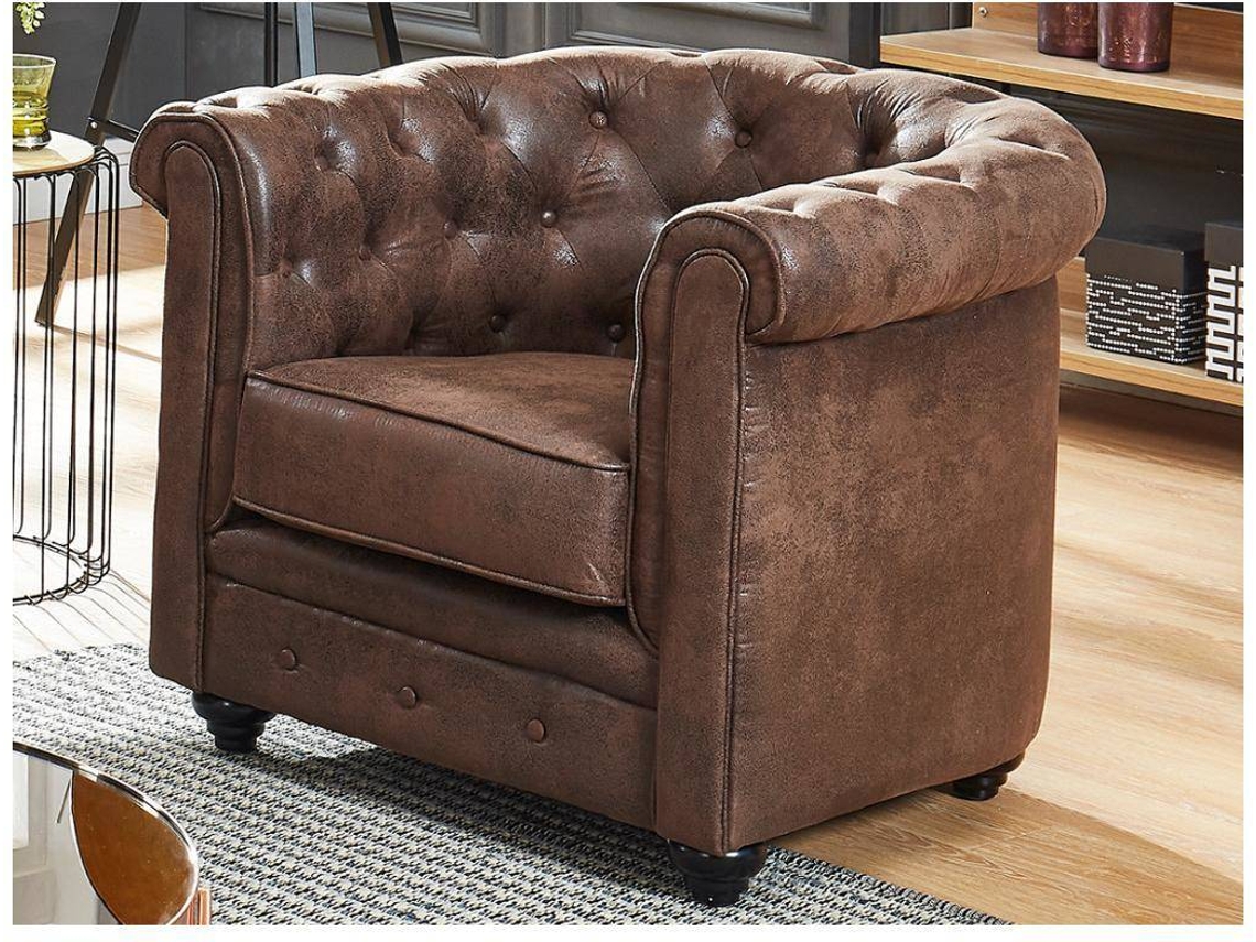 Conjunto Sofá e Poltrona Fixo Chesterfield VENTE-UNIQUE (Castanho - Tecido e Veludo - 205x88x72 cm)