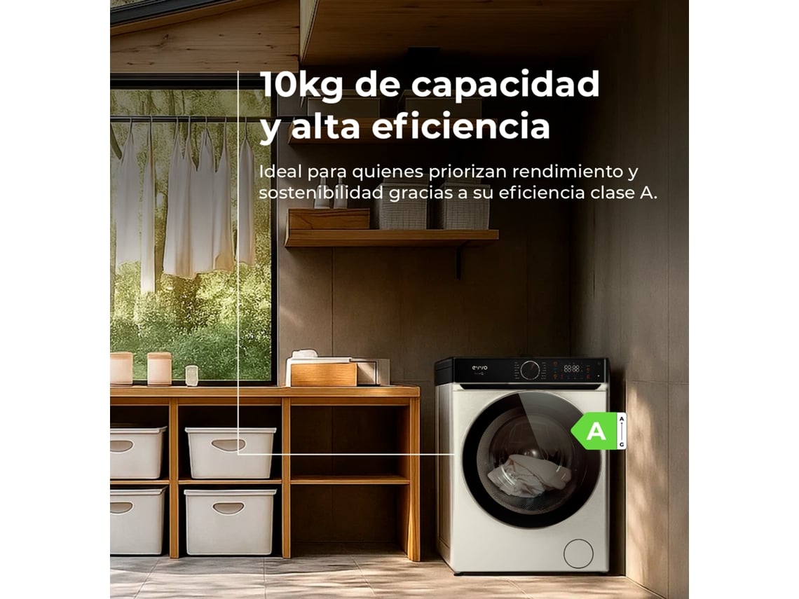 Máquina de lavar roupa Evvo Nova Q10 de carregamento frontal de 10 kg, 1400 rpm, classe energética A, motor inversor Edrive, tambor Eprotect, 14 programas