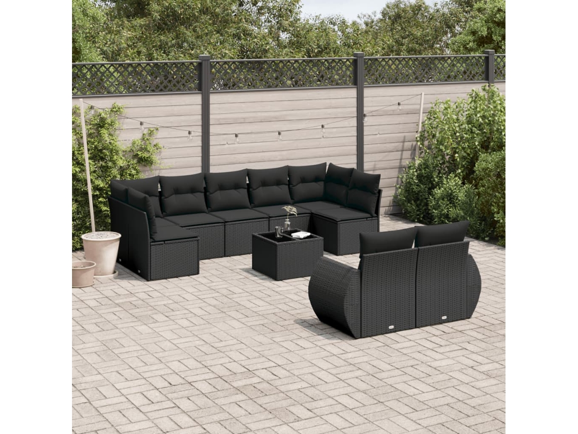 Conjunto 10 sofás de jardim c/ almofadões VIDAXL vime PE preto