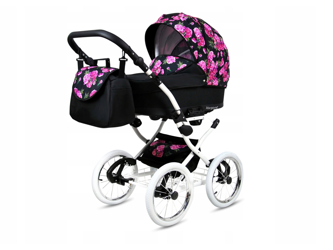 Carrinho de Bebé Multifuncional BABYLUX MARGARET WHITE 4 Em 1 -Bouquets Peony On Black - Ajustável e dobrável Construção leve em alumínio - Acessórios