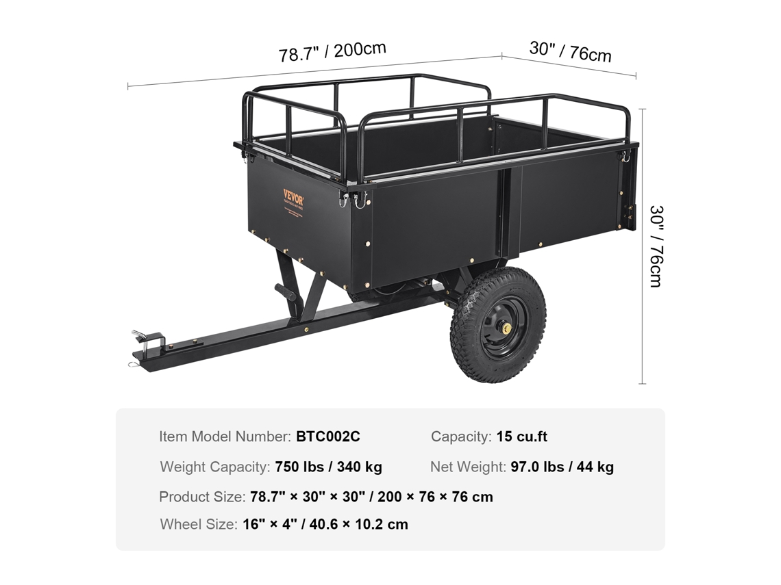 Carrinho Basculante de Aço para Reboque Atv Resistente VEVOR 750 Libras e 15 Pés Cúbicos Trailer Utilitário de Jardim