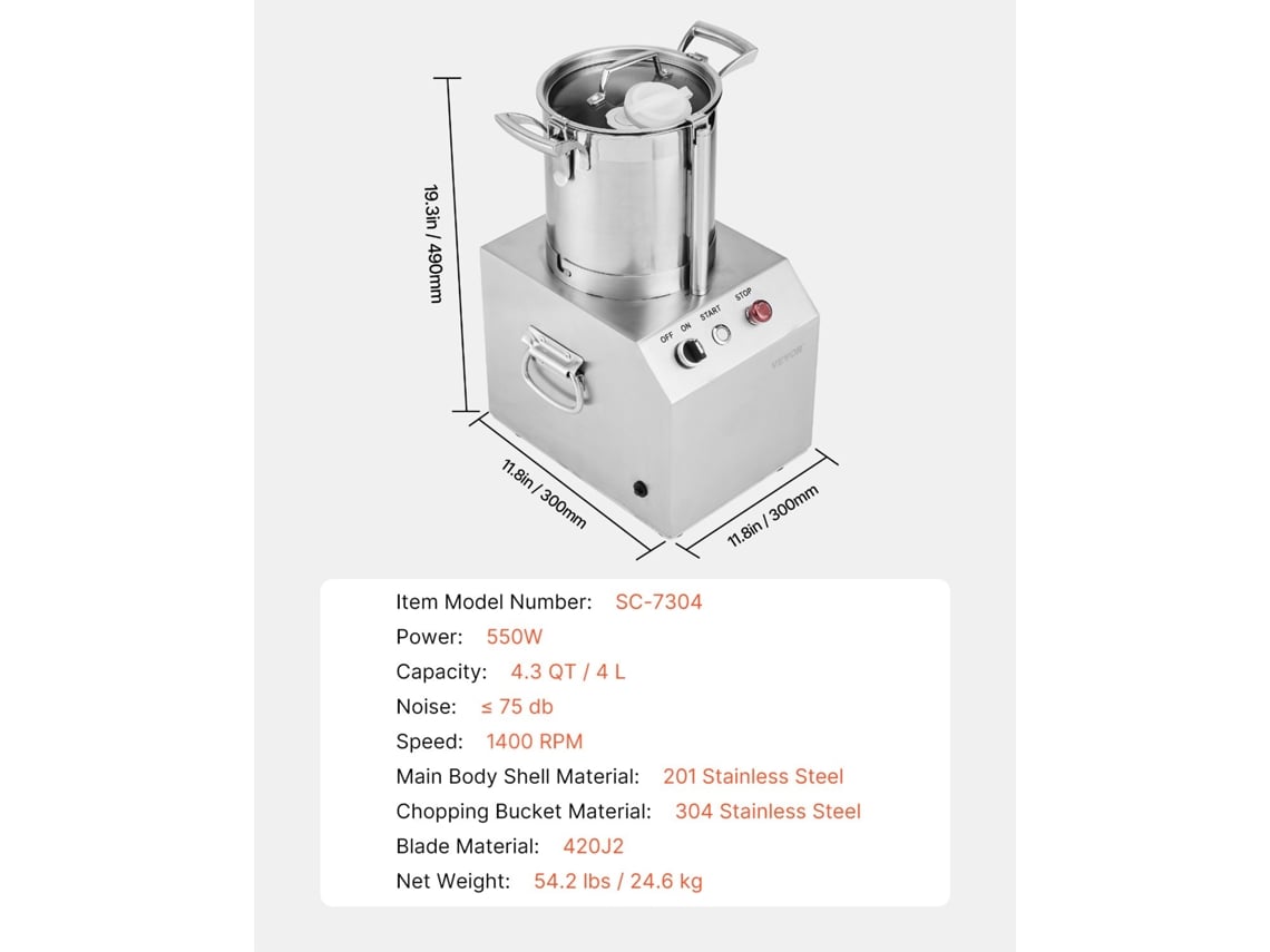 Processador de Alimentos e Picador de Legumes VEVOR 4 L 300 x 300 x 475 mm