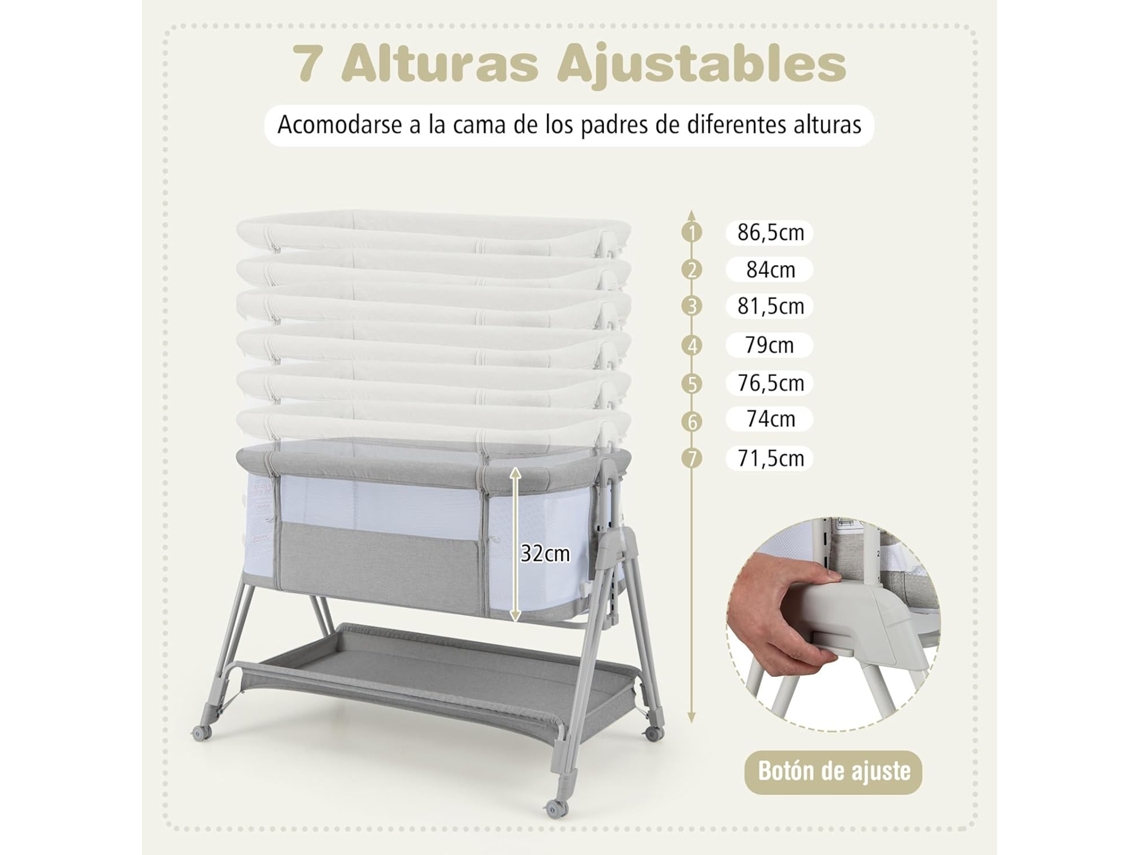 Berço de Viagem Lateral para Bebé Berço Dobrável Portátil com Colchão e Prateleira de Arrumação 7 Alturas Ajustáveis e Saco de Transporte COSTWAY
