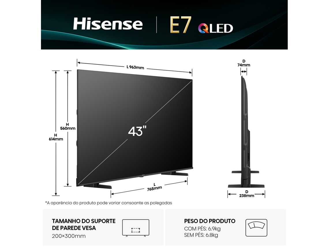 TV HISENSE 43E7Q (QLED - 43'' - 108 cm - 4k Ultra HD - Smart TV)