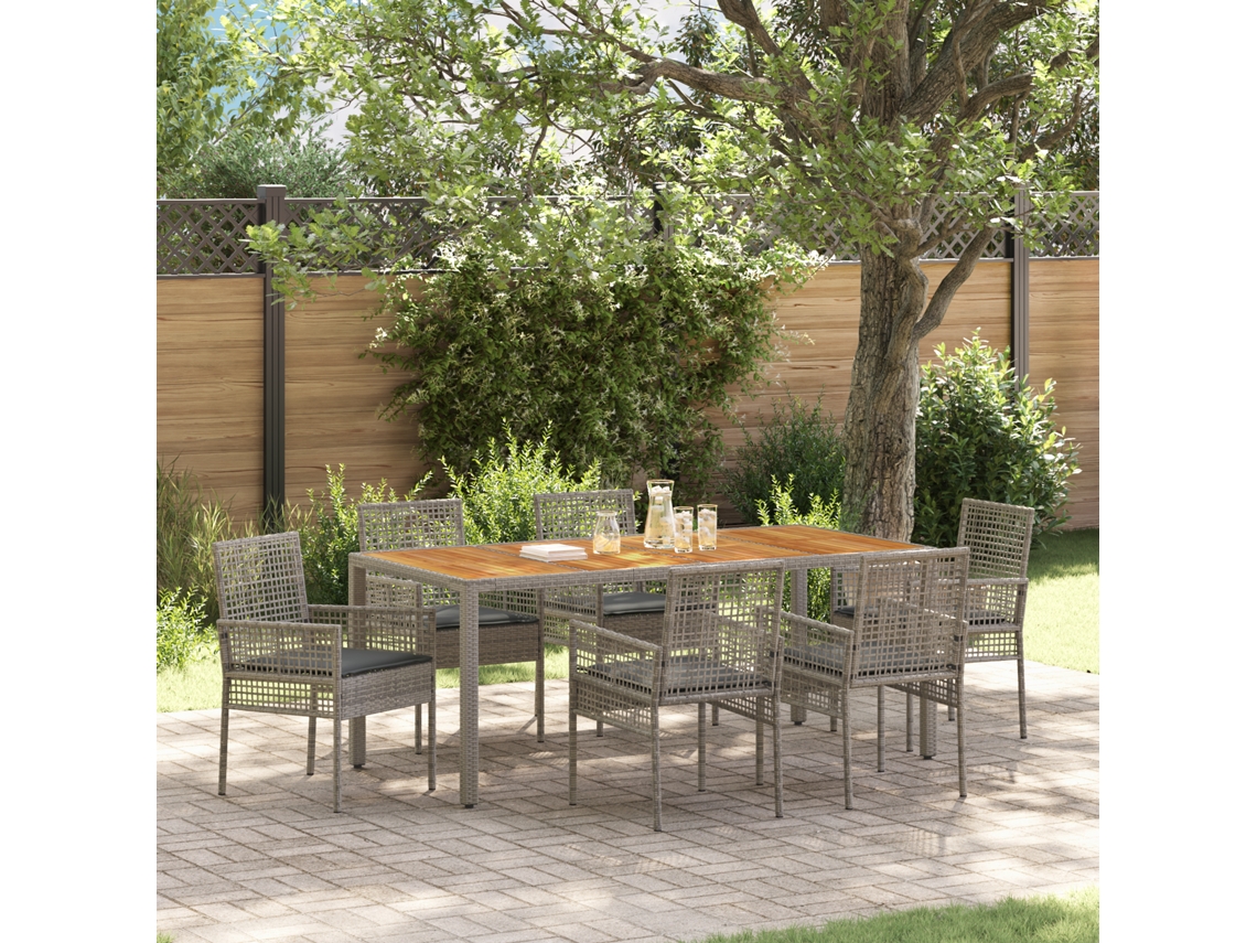 Conjunto 7 De Jantar  De Vidaxl Com Almofadas Cinza Rattan De Polipropileno
