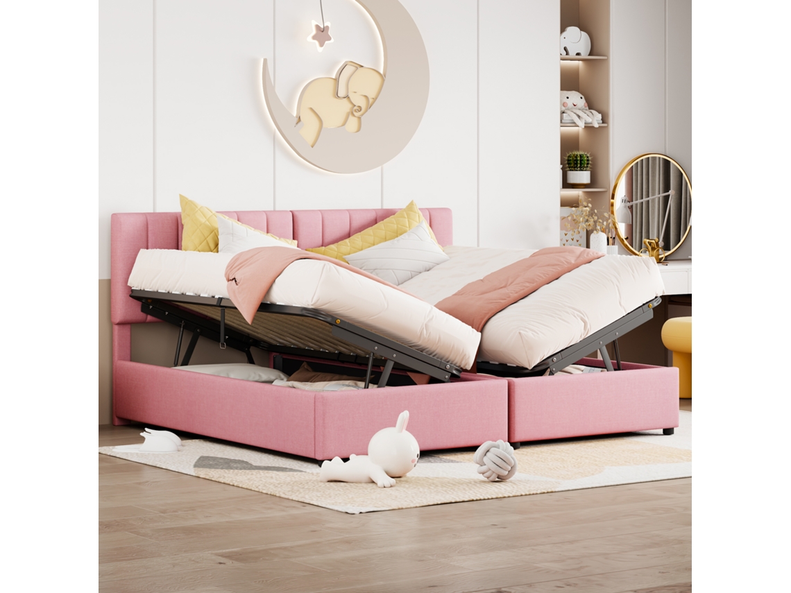 Cama De Casal Estofada Armazenamento Hidráulica Alta Box Amiga Pangshiyuan Linho Pele Rosa (180x200)