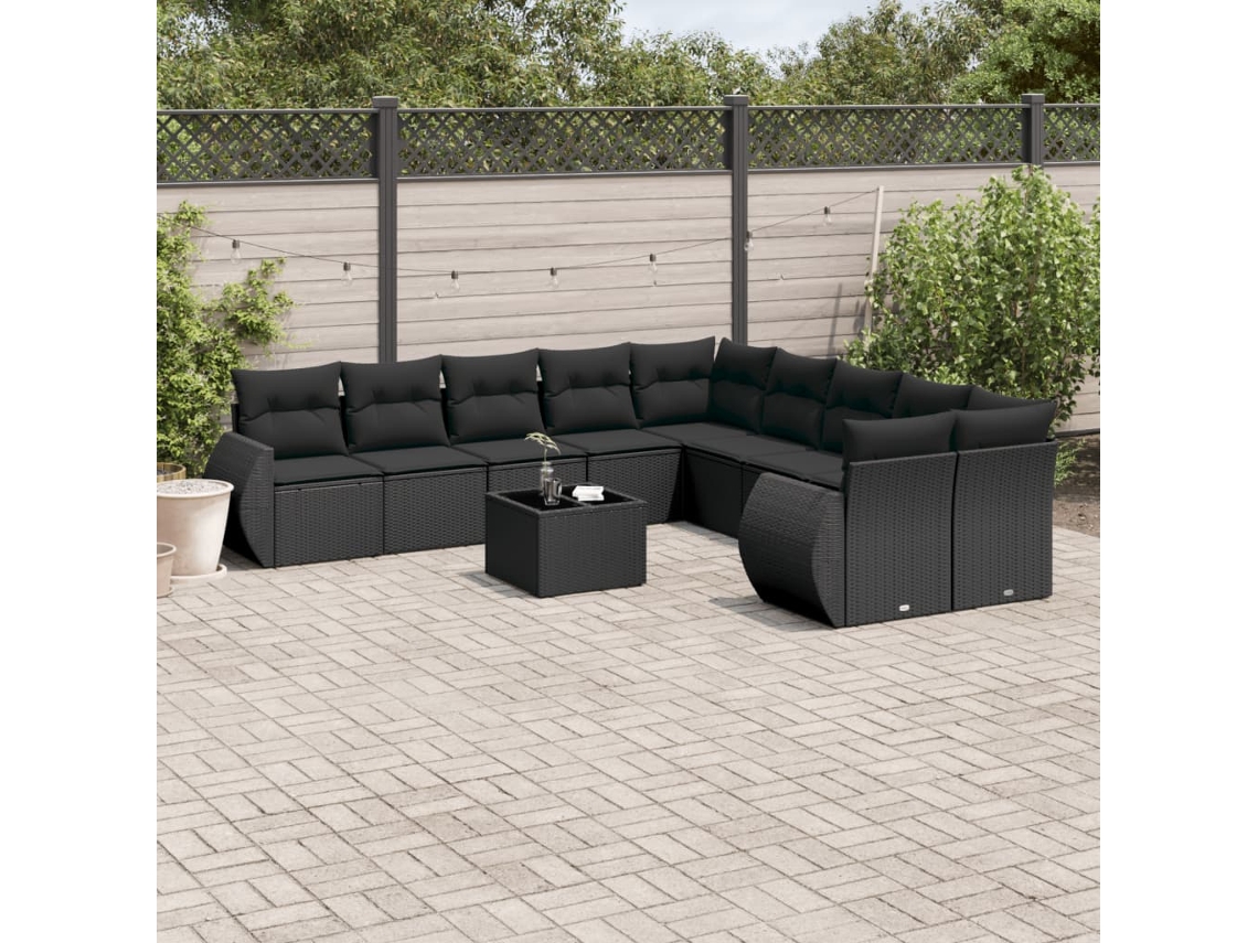 Conjunto 11 sofás de jardim c/ almofadões VIDAXL vime PE preto