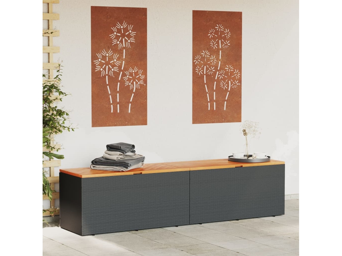 Caixa Arrumação Jardim 220X50X54 Cm Vime Pe/Acácia Maciça Preto PANGSHIYUAN