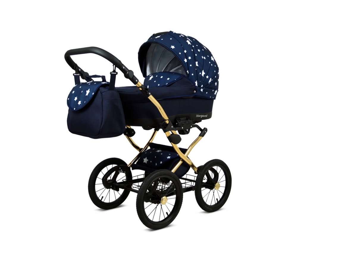 Carrinho de Bebé Multifuncional BABYLUX MARGARET GOLD 4 Em 1 -Navy Blue Star - Ajustável e dobrável Construção leve em alumínio - Acessórios
