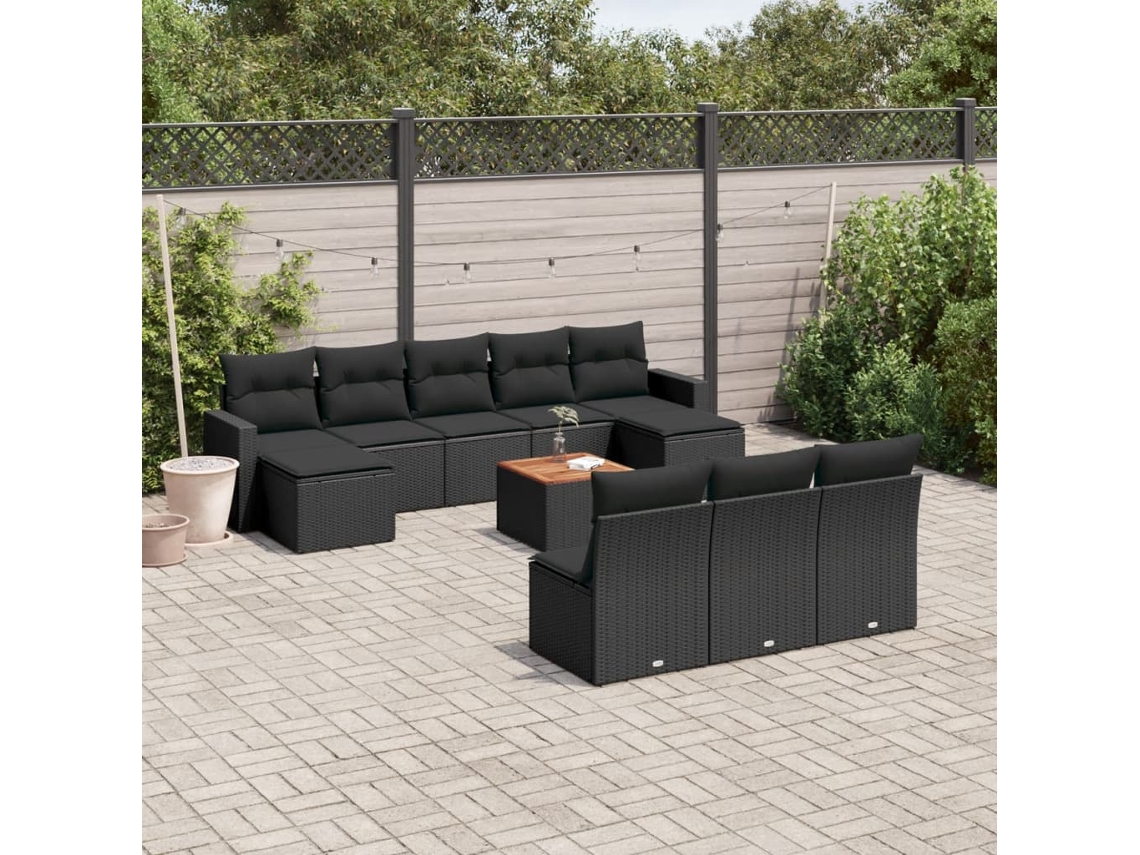 Conjunto 11 sofás de jardim c/ almofadões VIDAXL vime PE preto