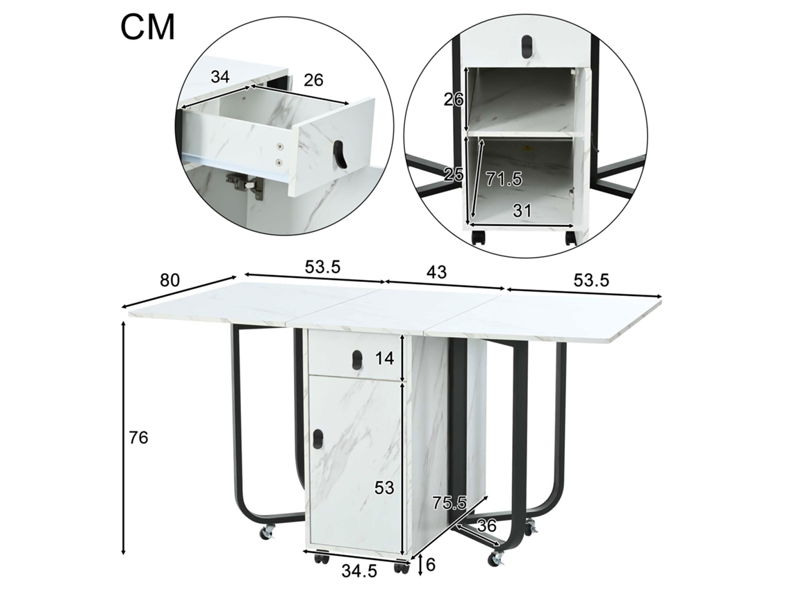 Mesa De Jantar Dobrável Versátil Com Armário E 2 Gavetas Cores Branca E Preta Ideal Para Cozinha Compacta E Ajustável Echo
