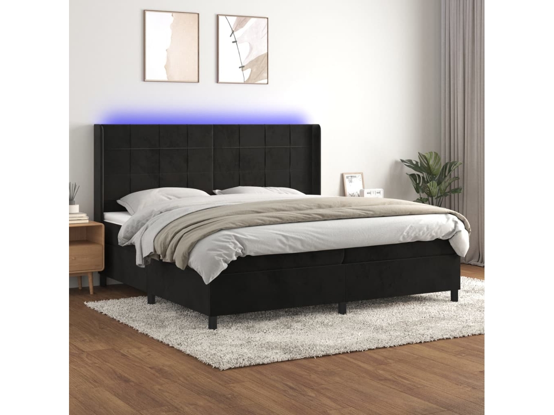 Cama Box Spring VIDAXL Colchão/LED (Preto - Veludo - 200 x 200 cm)