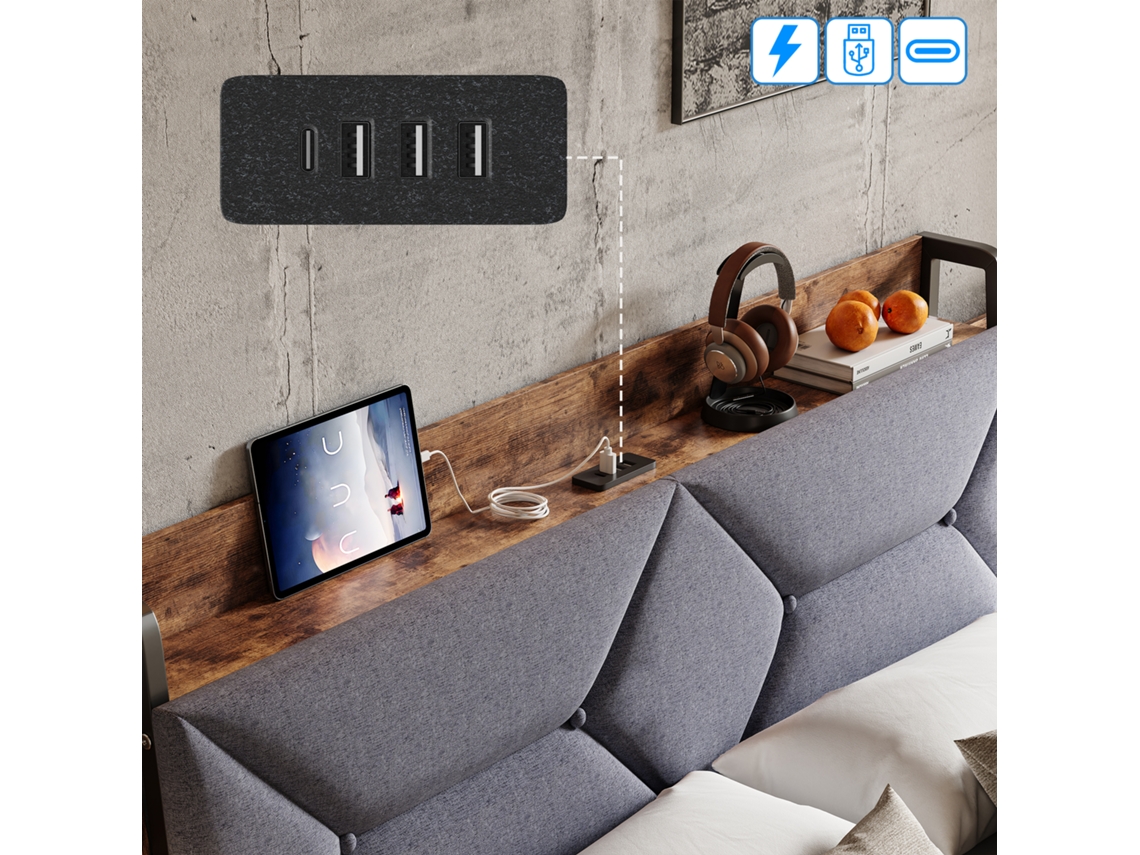 Cama Estofada 140x200 Cm, Cama De Casal, Usb Tipo C, Cama Com Arrumação E 4 Gavetas, App Control Led, Tecido De Linho Cinza