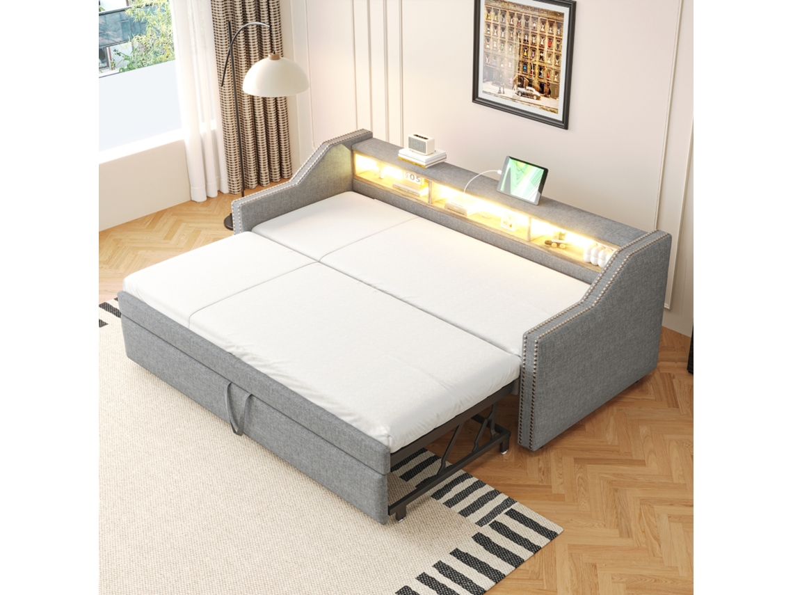 Sofá-cama Retrátil Com Estrutura De Metal, Armários Com Led E Usb, Design Multifuncionais (90/180x190cm)