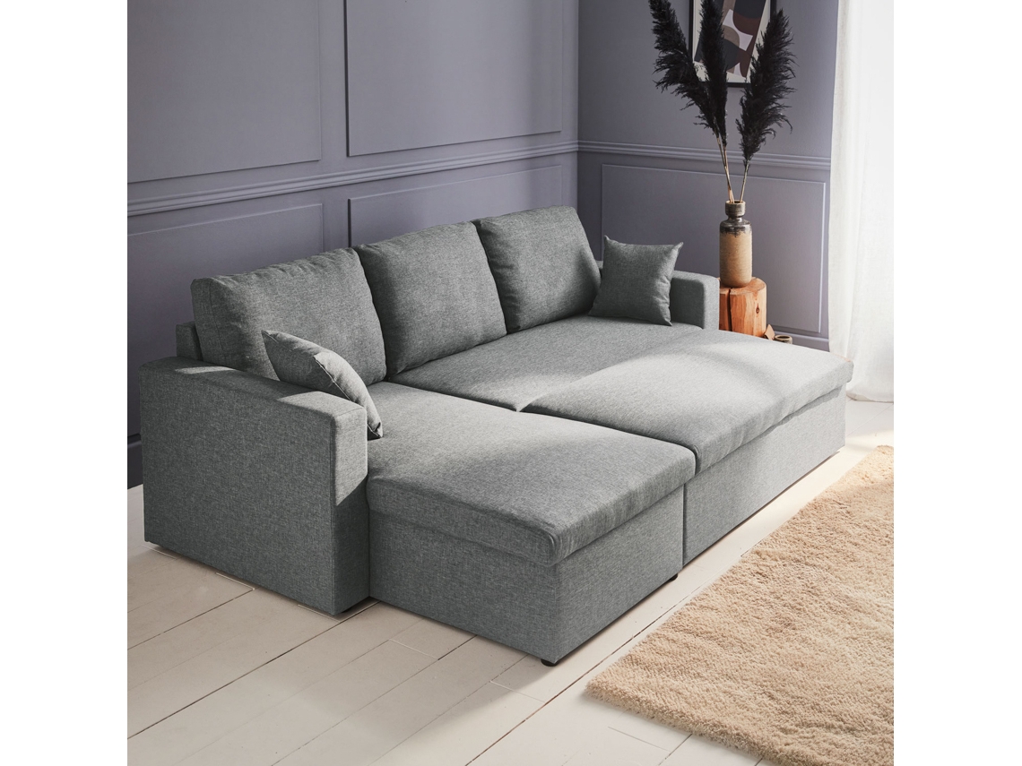Sofá de Canto SWEEEK Conversível em Tecido Cinzento (219 x 147 x 68 cm)
