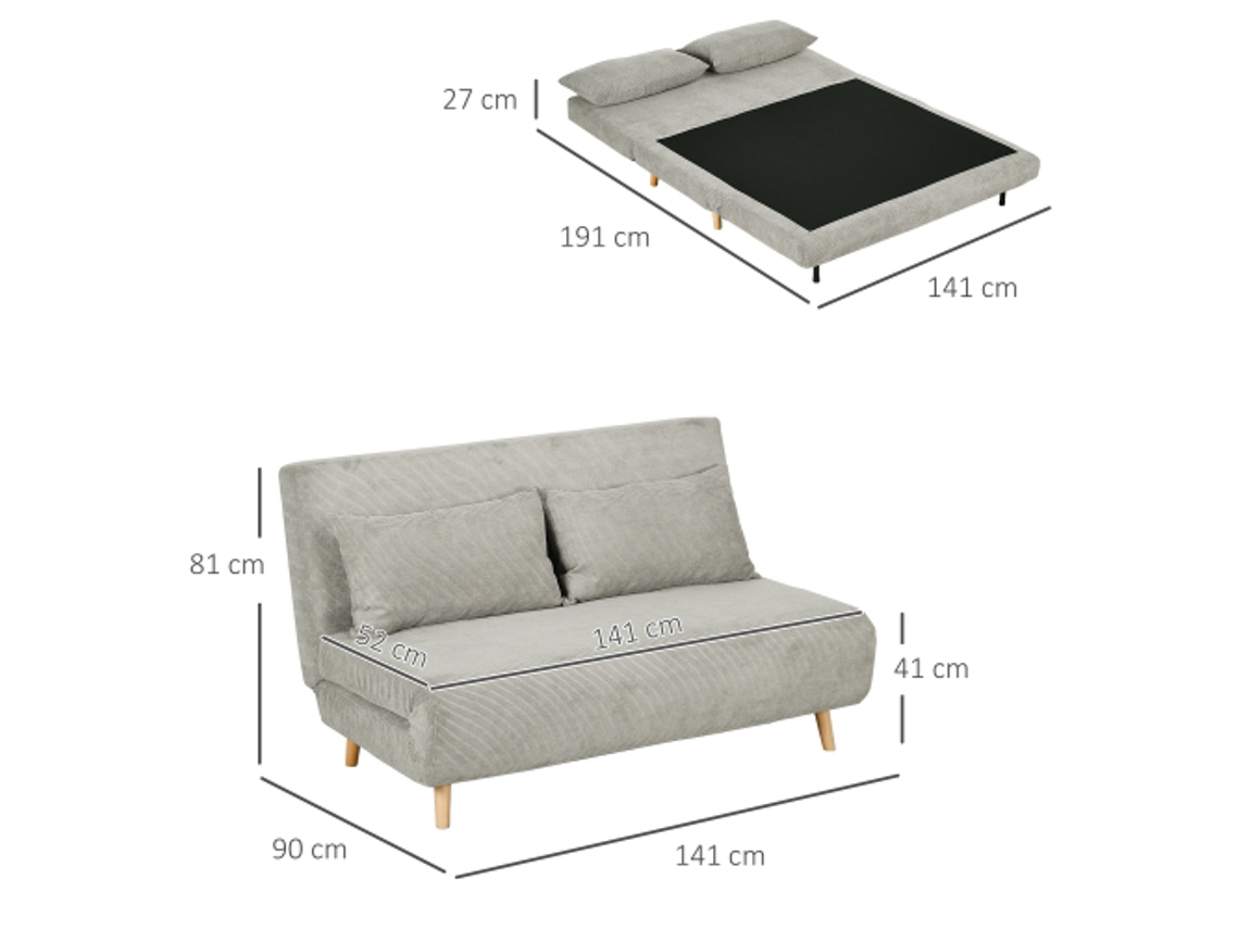 Sofá-cama dobrável Homcom com função de cama, almofada de encosto, estofado com encosto ajustável, aparência de veludo, 141 x 90 x 81