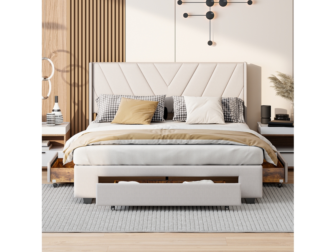 Cama Estofada 160x200cm,estrutura Em Madeira Com 3 Gavetas,cama De Casal Moderna Para Quarto,roupa De Cama Bege Rosahqnda