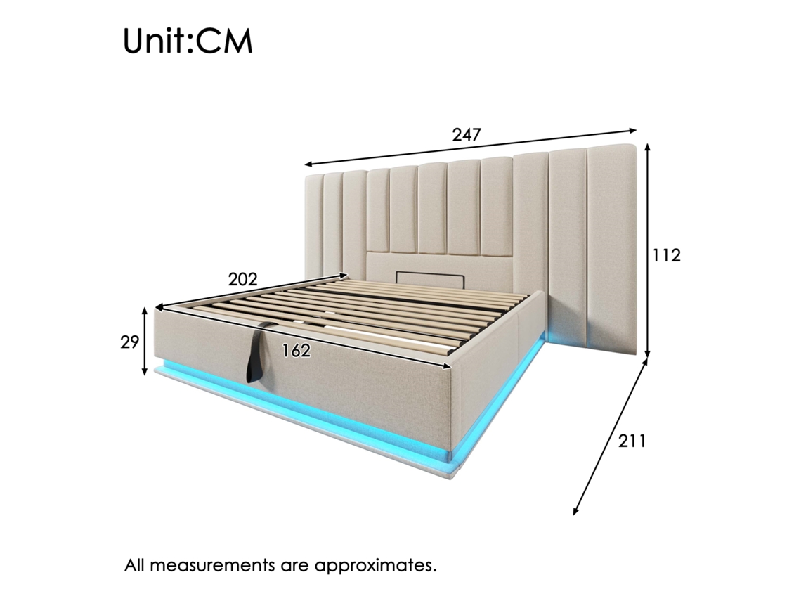 Cama Casal Estofada Bege Linho Led App Usb-c Arrumação S/ Colchão (160x200cm)