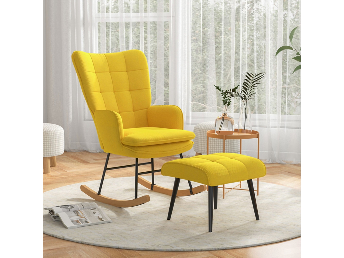 Poltrona Baloiço Poliéster e Madeira de Faia cor Amarelo 64x89x90 cm HOMCOM