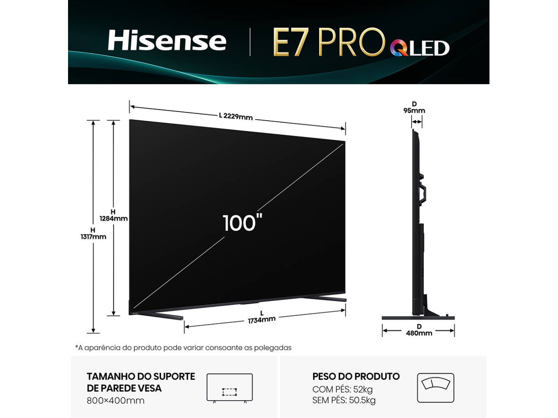 TV HISENSE 100E7Q PRO (QLED 144 Hz  - 100'' - 253 cm - 4k Ultra HD - Smart TV)
