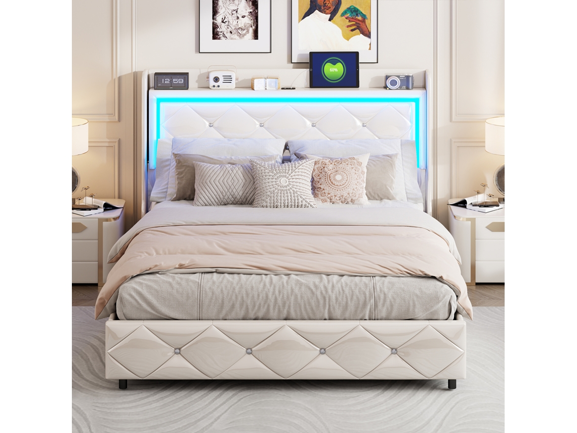 Cama Estofada 160x200cm,cabeceira Com Led E Porta De Carregamento,cama Com Sistema Hidráulico,ideal Para Quartos De Jovens,bege,pu Rosahqnda