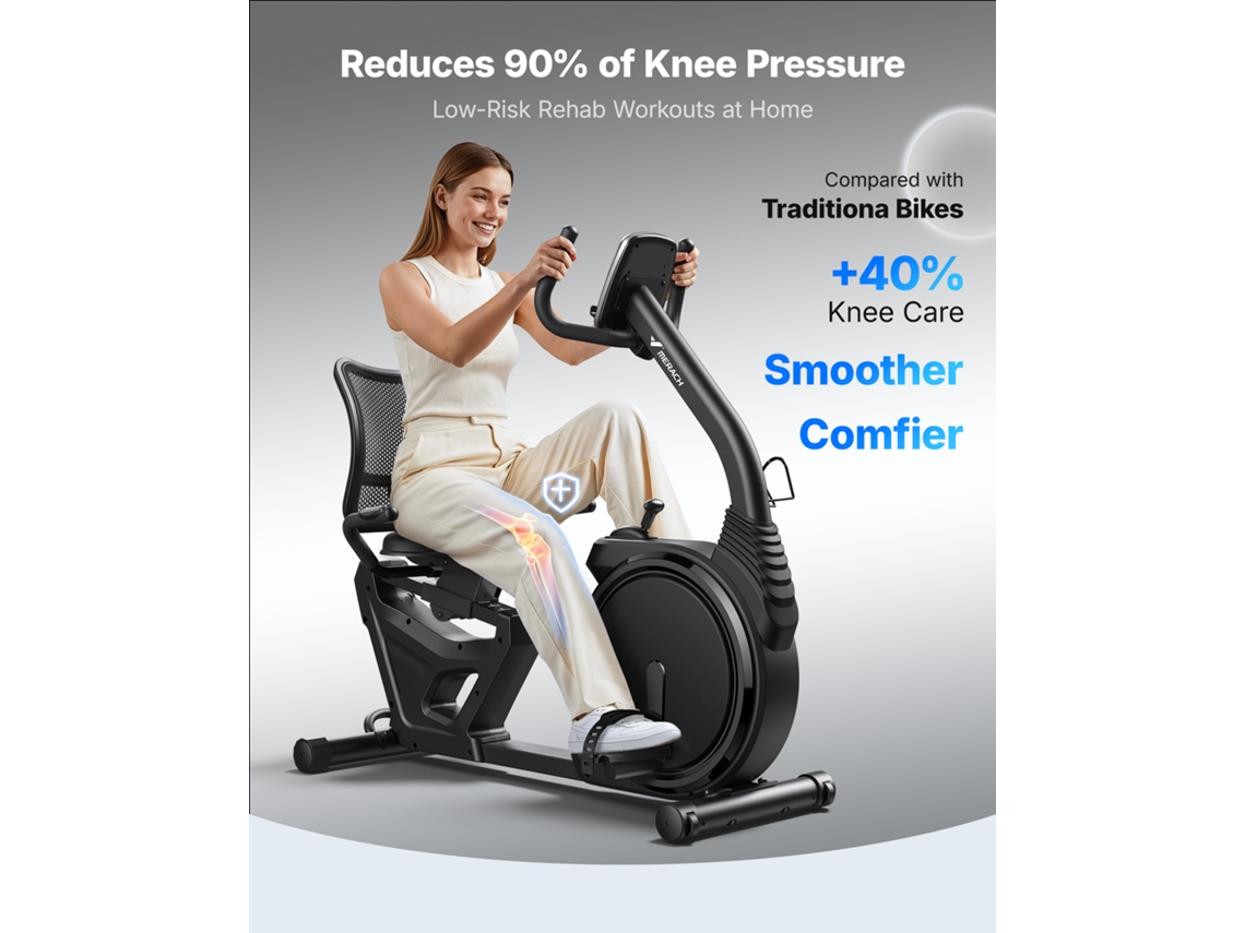 Bicicleta Semi-Recumbente MERACH, 8 Níveis Resistência Magnética, LCD, APP, Sensor Cardíaco, Assento Ajustável, Silenciosa, Rolo Móvel