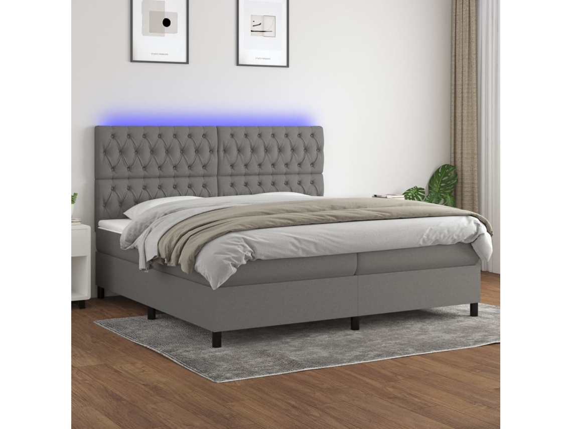 Cama Box Spring VIDAXL Colchão/LED (Cinzento - Tecido - 200 x 200 cm)