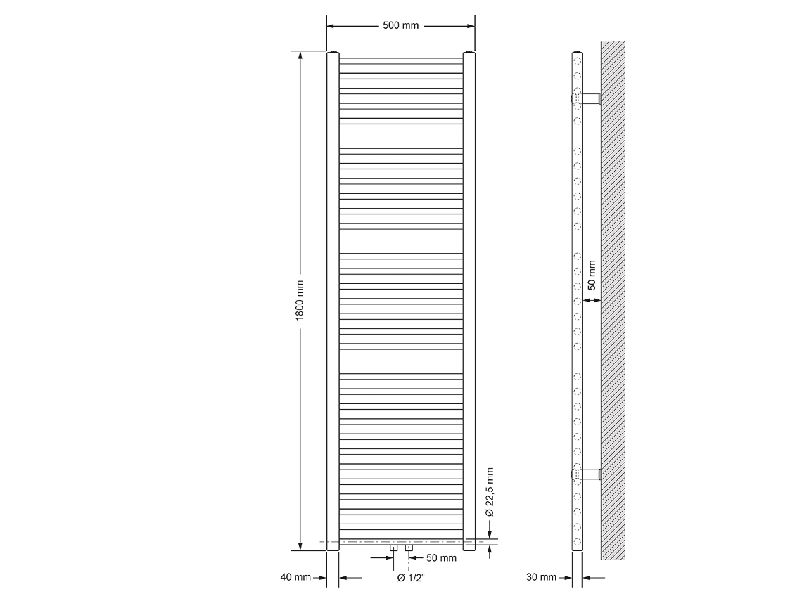 Radiador De Casa De Banho De Ligação Central 500x1800 Mm Branco Direito Luxebath