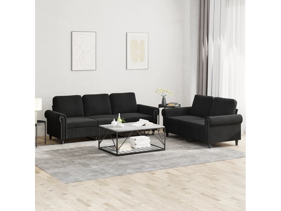 Conjunto 2 de Sofás VIDAXL com Almofadões Veludo Preto (212 x 77 x 80 cm)