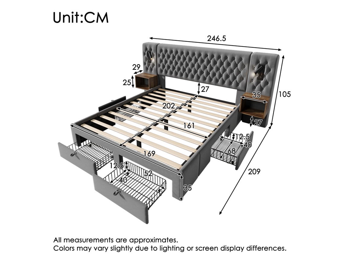 Cama Box Casal 160x200 Cm Com 2 Mesas E 4 Gavetas, Luz De Leitura E Usb, Veludo Cinza Haochrymec (209x246.5x105cm)