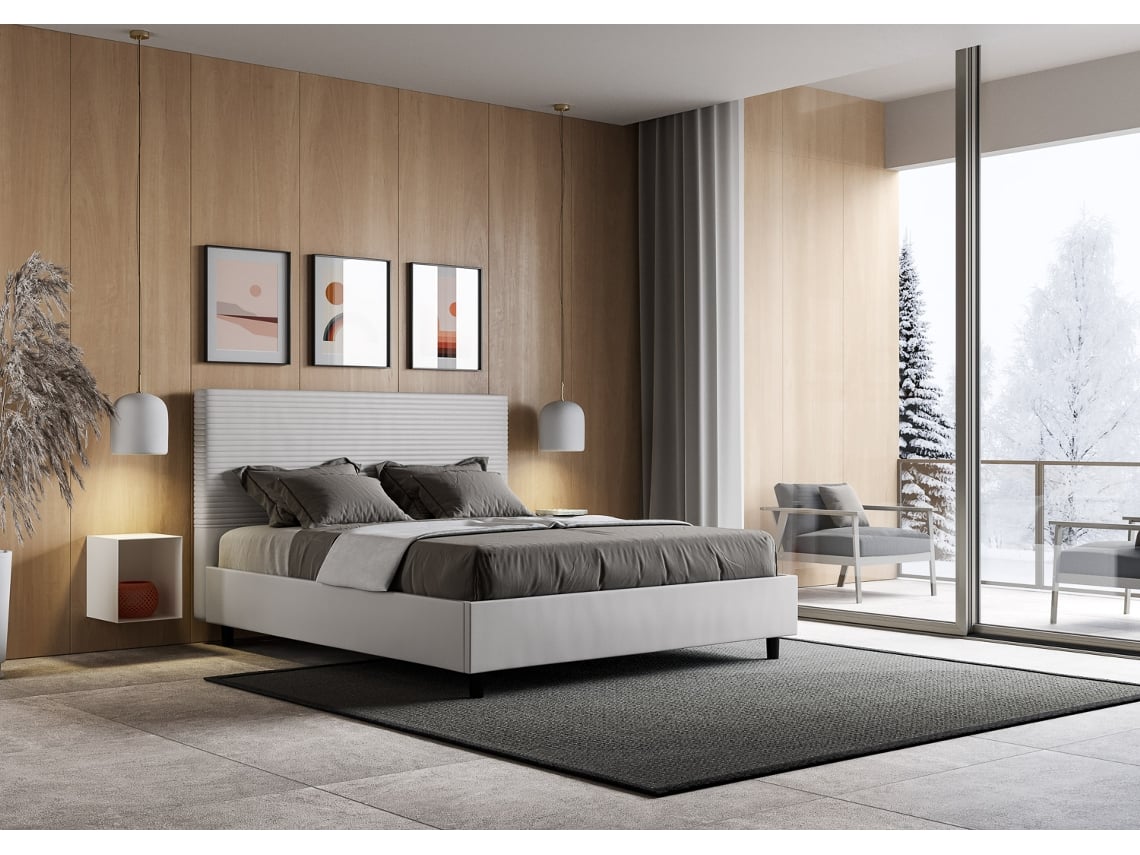 Cama de Casal Queen Size Sem Estrado Estofada FocusITYHOME (160 x 190 cm - Painéis de Melamina e Couro Sintético)