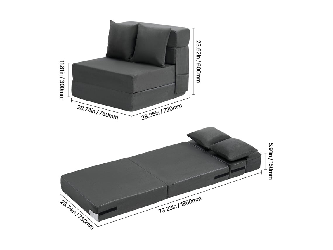Sofá Cama Dobrável 3 Em 1 Succebuy, Sofá Cama Dobrável Com 2 Almofadas, Cinzento Escuro, Individual