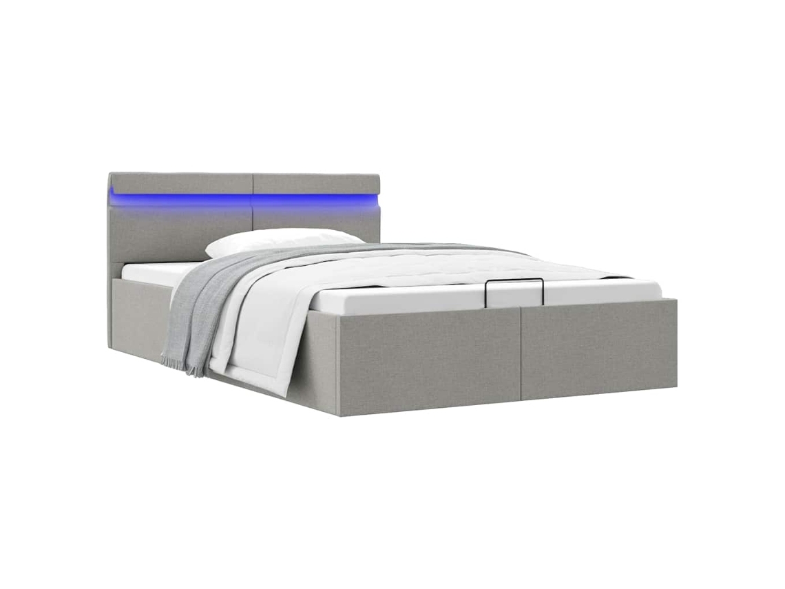vidaXL Cama hidráulica c/ arrumação LED 140x200 cm tecido cinza-claro