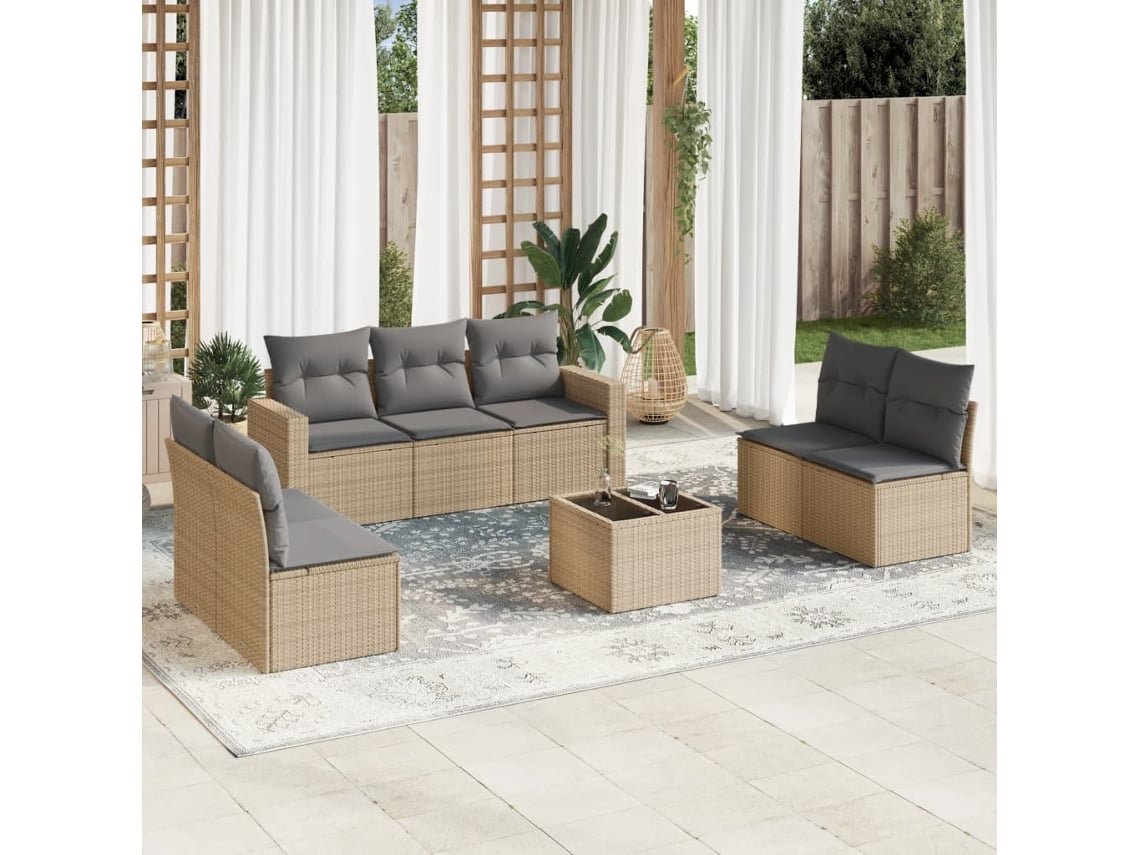 Conjunto 8 de sofás p/ jardim VIDAXL com almofadões vime PE bege