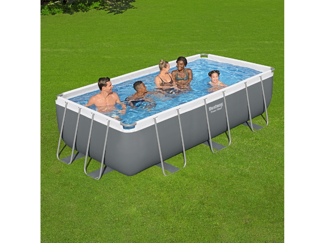Piscina tubular retangular de aço BESTWAY Power 404X201X100 Cm com purificador de areia, escada e dispensador de produtos químicos cor cinza