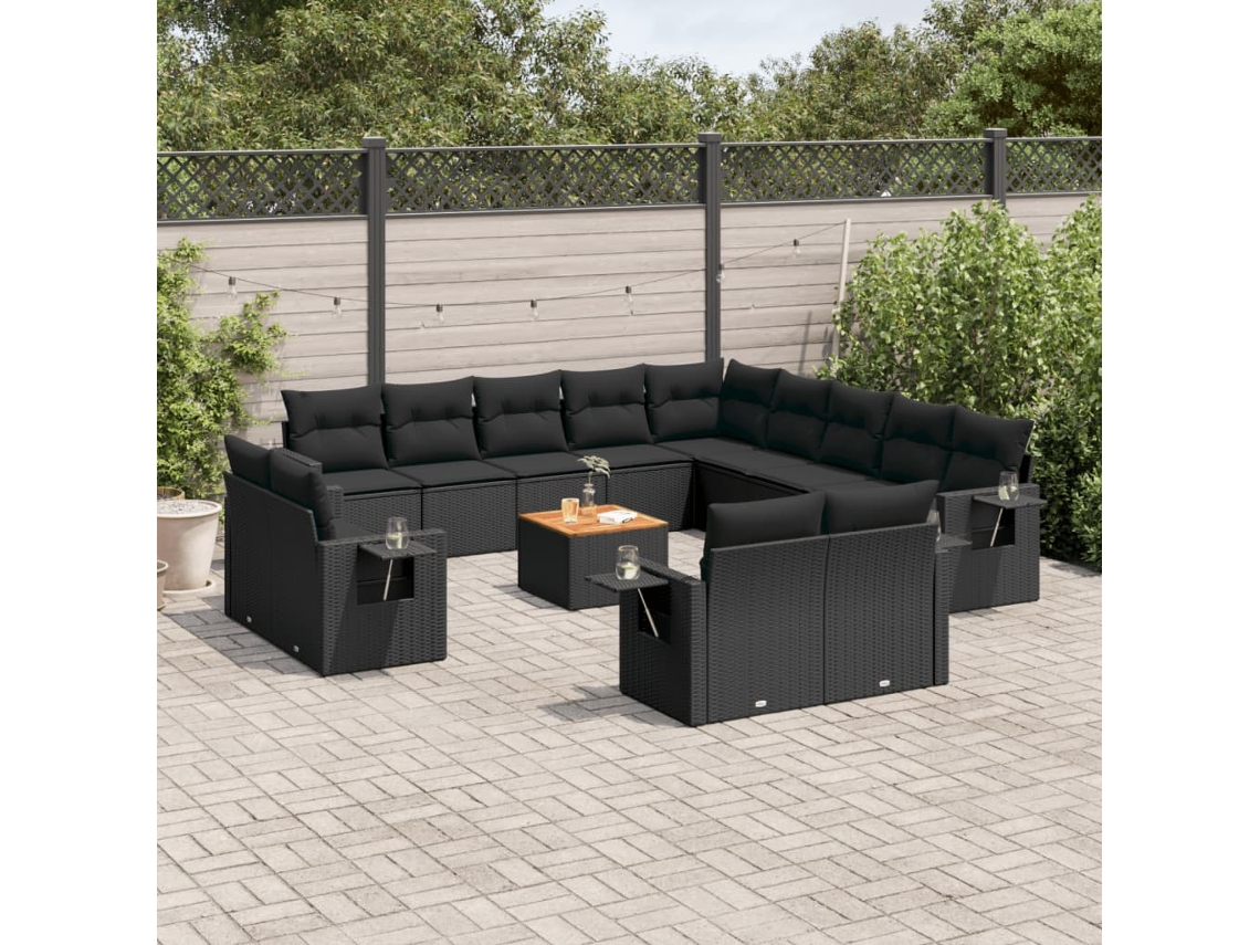 Conjunto 14 de sofás p/ jardim c/ almofadões VIDAXL vime PE preto