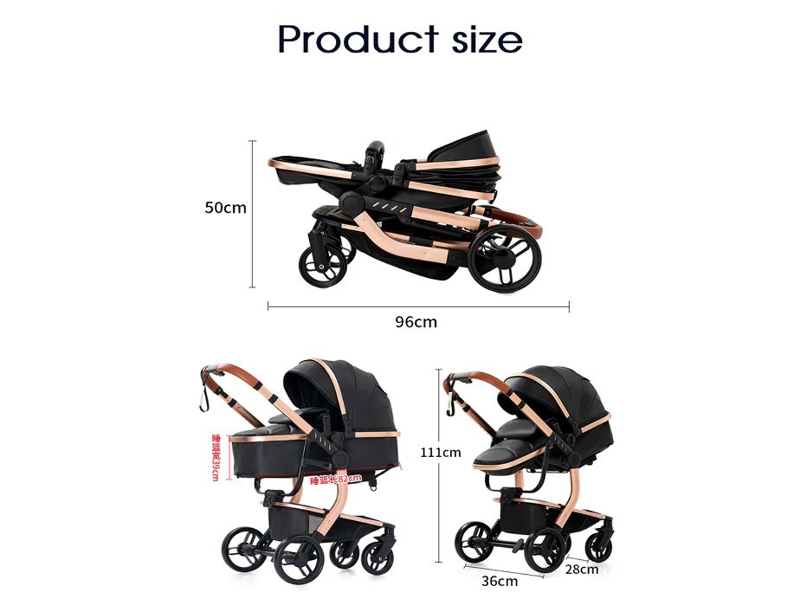 Bazarland30. Carrinho 3 Em 1 Bebê Combinado Assento Cadeira Nacelle Trio Reversível Couro Pu Rodas Infláveis Canne.preto