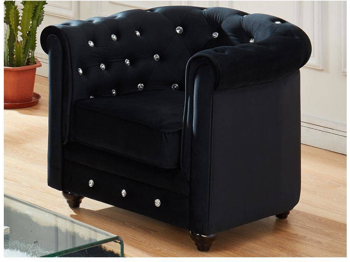 Conjunto Sofá e Poltrona Fixo Chesterfield VENTE-UNIQUE (Preto - Tecido e Veludo - 205x88x72 cm)