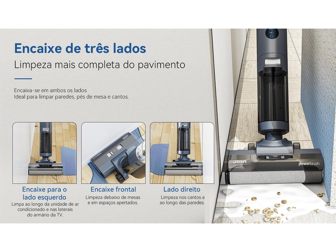 Máquina de Limpeza JONR ED12 Pro | Lava e Aspira | Sistema autolimpeza | 850ml + 450ml | Autolimpeza com água quente a 70 °C | Secar com água quente a 80 °C | Limpeza de bordos de 5 mm | Design anti-emaranhamento