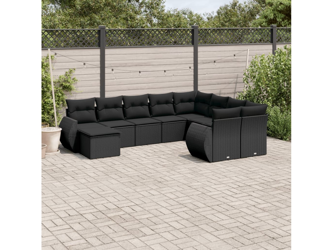 Conjunto 10 sofás de jardim c/ almofadões VIDAXL vime PE preto