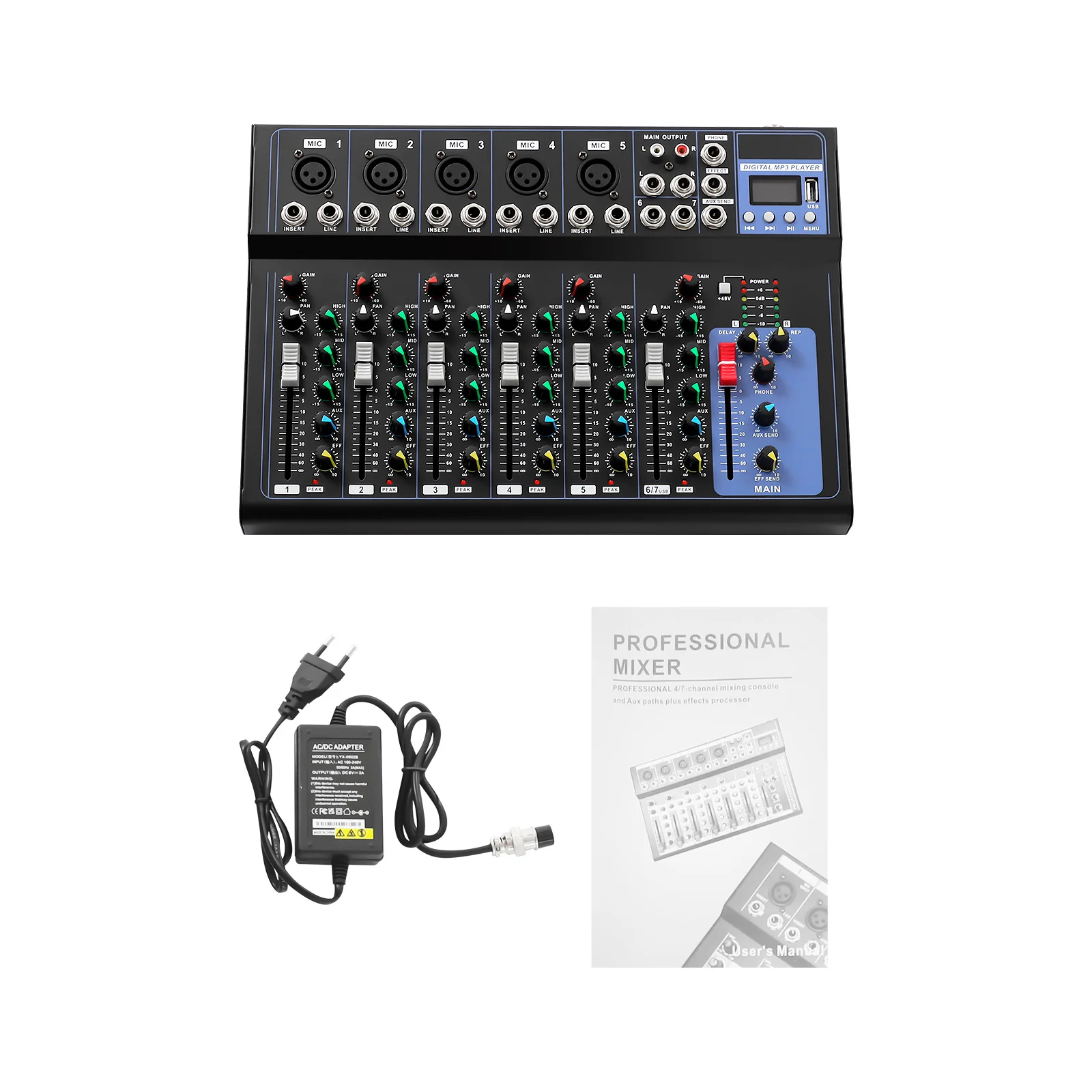 Mixer De Ãudio, 7 Canais, 6 Estilos Musicais Integrados, Preto Oem